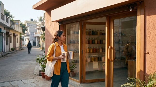 Indian shopper arrives with steel containers at a refill store