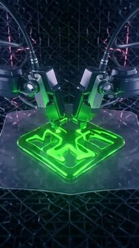Futuristic Dual Robotic Arms 3D Printing Glowing Green Geometric Circuitry Patterns.