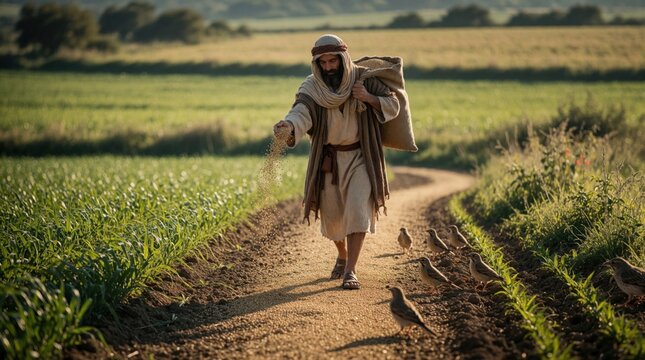 Bearded man in ancient robe walks along rural dirt path scattering seeds from burlap sack over field. Historical reenactment of biblical parable sower theme. Person cultivates agricultural land under