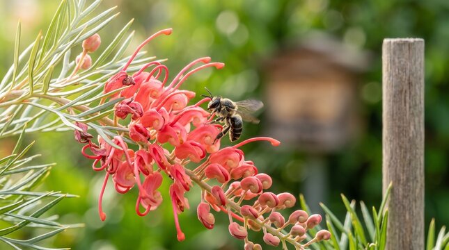 Native stingless bee pollinating a flowering grevillea