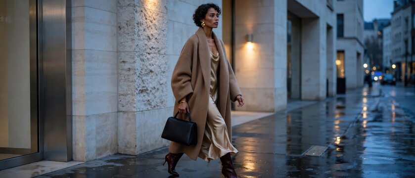 Stylish woman in a beige wool coat and silk dress walking on a wet city street, representing luxury modern street style fashion for urban lifestyle editorials