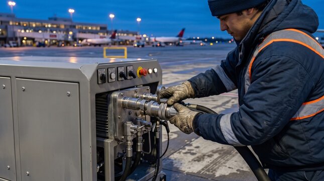 Technician secures a deicing fluid hose at an airport recovery unit