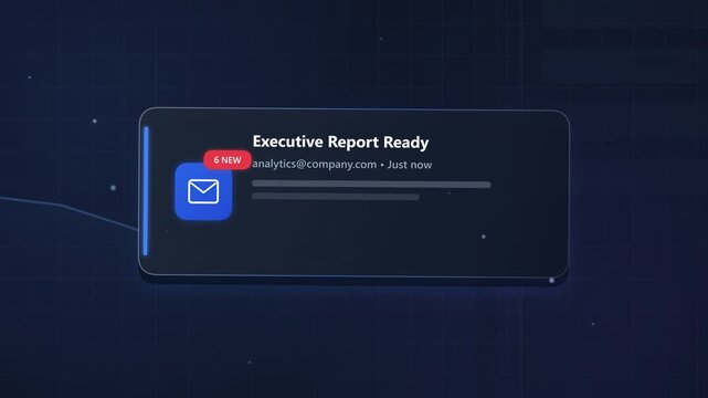 Modern corporate executive dashboard alert showing email notification card with digital chart analytics, message icon, and glowing data overlay in clean glassmorphism interface style.