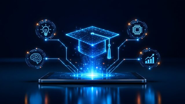 Holographic graduation cap hovering over a smartphone with digital nodes representing mobile elearning and educational technology apps
