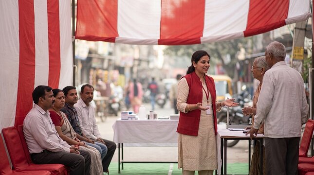 Indian clinicians welcome residents at a preventive health camp