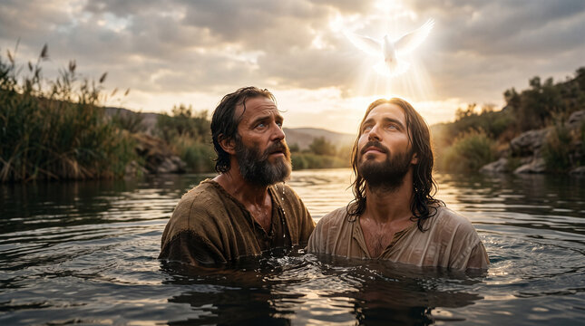 John the Baptist baptizing Jesus in the Jordan River. Biblical scene of the baptism of Jesus with a dove descending from heaven. Spiritual moment representing the revelation of the Trinity.