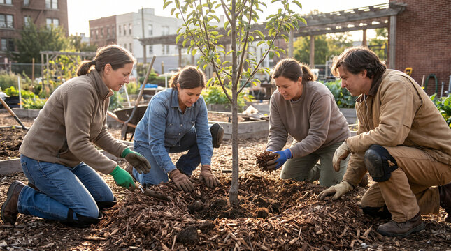 Corporate Team Builds Mulch Ring Around Community Tree