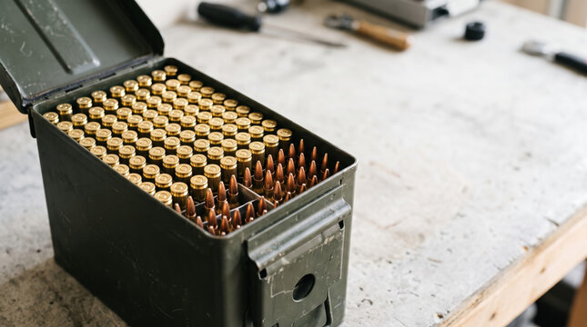 Ammo box filled with brass shells and bullets on wooden table in workshop. Close-up of ammo box packed with cartridges showing shiny brass casings.