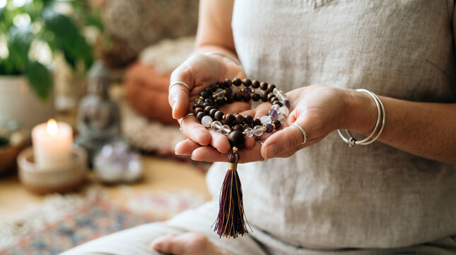 Woman holding mala beads for meditation and spiritual practice