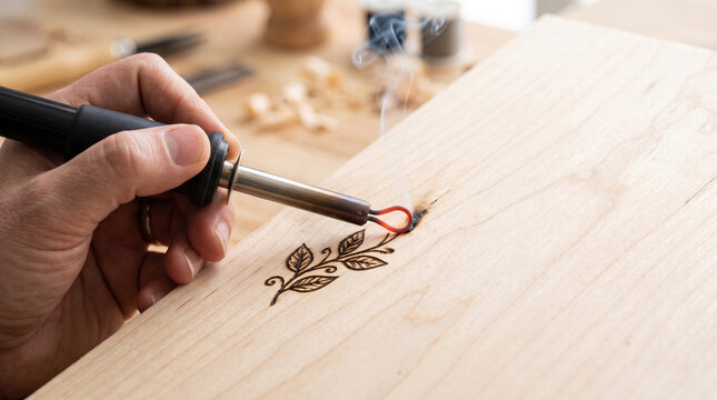 Wood burning tool creating detailed floral design on wooden surface. Wood burning includes hand-held tool for crafting, showcasing precision and artistic skill.