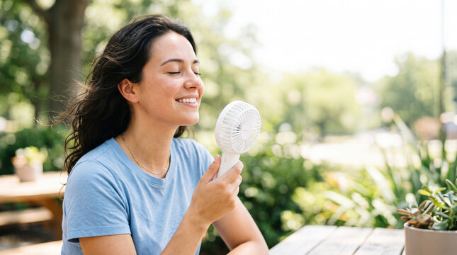 Woman enjoying cool breeze with portable fan in outdoor setting. Happy moments with portable fan on warm day for comfort. Concept of staying cool and refreshed during summer activities.