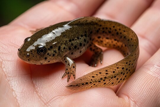 Small tadpole sits on human palm. Young amphibian with spotted brown skin rests in hand. Tiny aquatic creature shows early frog growth stages. Wildlife researcher examines development of polliwog in