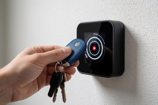 Person uses key fob for access control at building entrance. Hand holds fob near electronic reader with red light. Secure entry for home or office.