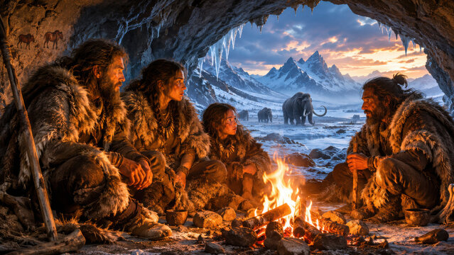 Prehistoric humans gather in icy cave by a campfire with mammoths in the snowy landscape