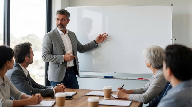 Professor gestures at blank whiteboard guiding adult business class in meeting room. Diverse students listen intently during professional development seminar.