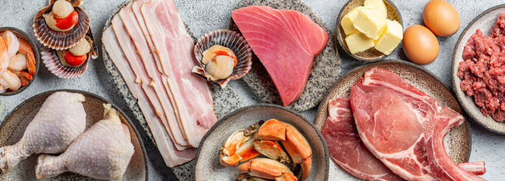 Selection food for CARNIVORE DIET. Seafood, Meat, megs and fat. Zero carbs diet concept