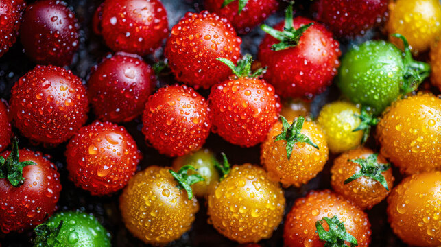 Fresh vibrant cherry tomatoes in red, yellow, orange, and green covered with water droplets showcasing natural freshness and colorful garden harvest variety
