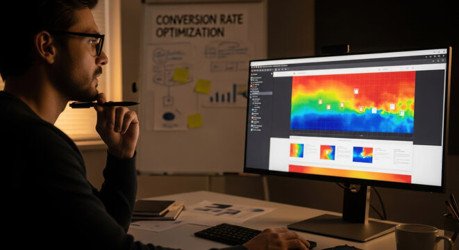 UX designer analyzing website heatmap for user behavior research and conversion optimization.