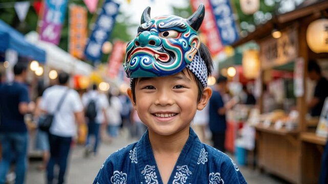 Aomori nebuta matsuri street celebration, smiling child in blue yukata with ornate oni mask, lantern stalls, colorful banners, japanese summer festival culture, parade atmosphere, travel
