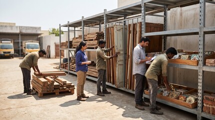 Fototapeta premium Indian team organizes reclaimed materials in a circular build yard