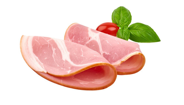 Sliced ham isolated on transparent background with fresh basil and cherry tomato, delicate deli meat composition for food packaging, menu design and advertising.