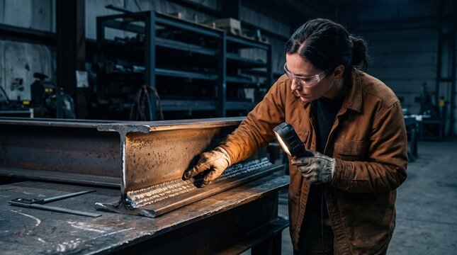 Quality specialist examines a steel joint under raking light