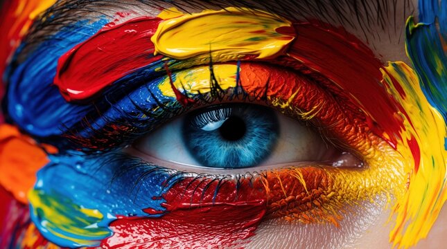 Macro shot of human blue eye with bright colorful oil paint strokes on skin. Artist uses vibrant red yellow blue hues for makeup design. Creative fashion look on face close up. Concept of visionary