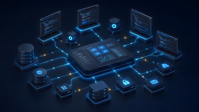 Isometric 3D render of a central digital platform connecting multiple databases, server nodes, and interface screens in a secure network.