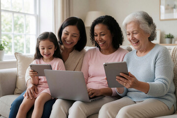 Fototapeta premium Multi-generational women laugh using tablet, laptop, phone together on couch. Family enjoys time online at home, sharing digital content and virtual moments happily.