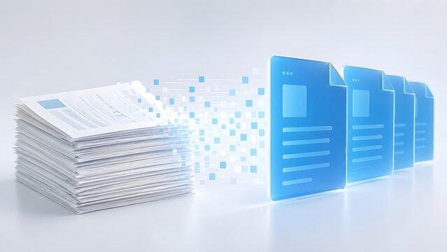Bright clean concept of paper stack digitizing into electronic documents illustrating digital transformation and data archiving
