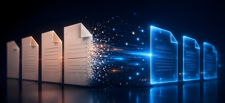 Physical paper documents dissolving and transforming into glowing blue digital data files representing digital transformation and paperless office