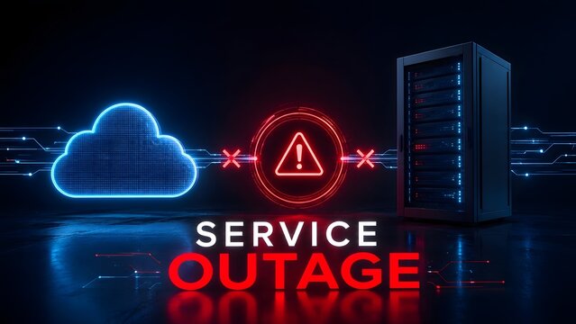 High tech neon glowing cloud network disconnected from a black server rack with a red service outage warning alert in a dark room.