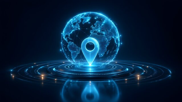 Glowing futuristic holographic earth globe with location map pin on a high tech pedestal representing global GPS tracking and digital navigation systems