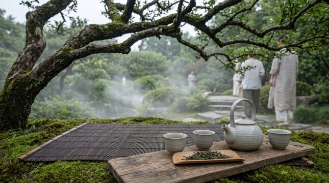 Traditional ceramic tea set with loose green tea rests on a wooden board in a serene, misty Asian garden. The tranquil scene embodies mindfulness, wellness, and cultural lifestyle.