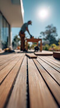 Outdoor wooden deck construction in progress with worker focused on carpentry tasks on a sunny day creating a natural backyard living space enhancement