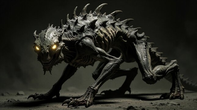 Scary dark fantasy creature stands in shadow. Monster with spiked back, glowing yellow eyes lurks in night darkness. Wild prehistoric beast sharp teeth, scaly skin. Dangerous alien predator waits in