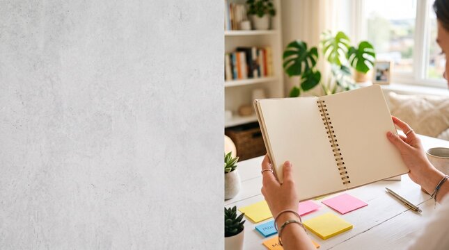 Close up view of teenager hands holding clean completely blank unprinted paper planner open on white desk with colorful sticky notes blurry home office morning daylight backdrop layout textless