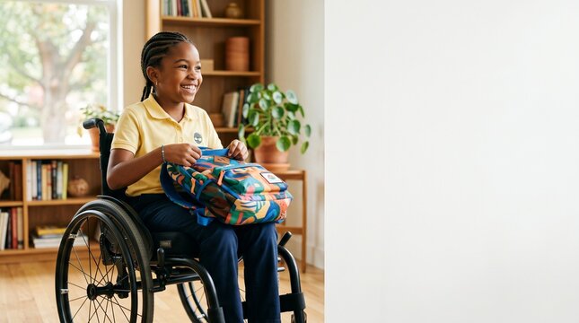 Medium view of smiling happy African American young student in wheelchair wearing yellow polo shirt adjusting bright backpack looking away sunlit room wall background corporate layout textless