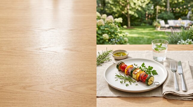 High angle view of premium holiday table setting with matte white ceramic plate holding perfectly grilled vegetable skewer next to linen napkin blurry sunlit green lawn background layout