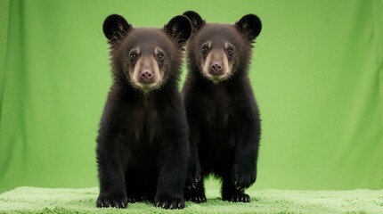 Obraz premium Two cute black bear cubs stand upright on green surface. Young fluffy animals look at camera with curious expressions. Small wild mammals with dark fur stay together in studio against bright