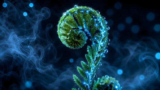 Bioluminescent fern frond unfurling with glowing blue energy lines and water drops, futuristic technology concept