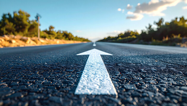 Asphalt road with a white arrow painted on the surface pointing forward towards a bright horizon under blue sky