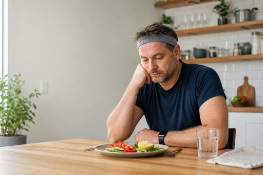 Thoughtful man sitting at kitchen table with healthy vegetable meal and water