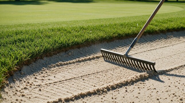 Worker rakes sand in golf bunker near green lawn grass. Man uses manual metal tool to smooth surface of bunker trap. Pro landscaping equipment prepares terrain for summer sport competition match.