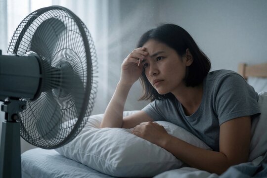 Woman in bed feels heat from fan during hot summer day. Young adult tries cool off at home, looking tired and uncomfortable from high temperature.