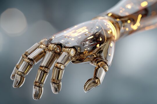 Highly detailed futuristic robotic hand with transparent design and intricate mechanical joints glowing with illuminated circuits on a blurred background