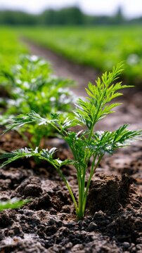 Young carrot plants growing in well-tilled soil on a sunny day with a blurred field background showcasing fresh agricultural growth and rural farming environmen
