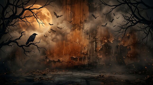 Eerie dark forest landscape with large full moon and flying bats over abandoned distressed stone wall