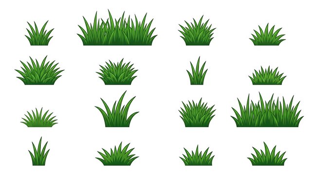 Set of various green grass clusters for landscaping and natural environment design in cartoon style illustration