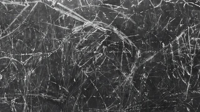 black chalkboard filled with chalk scratches, erased drawings, and abstract writing marks. The textured surface creates an authentic classroom atmosphere,  education, learning, creativity